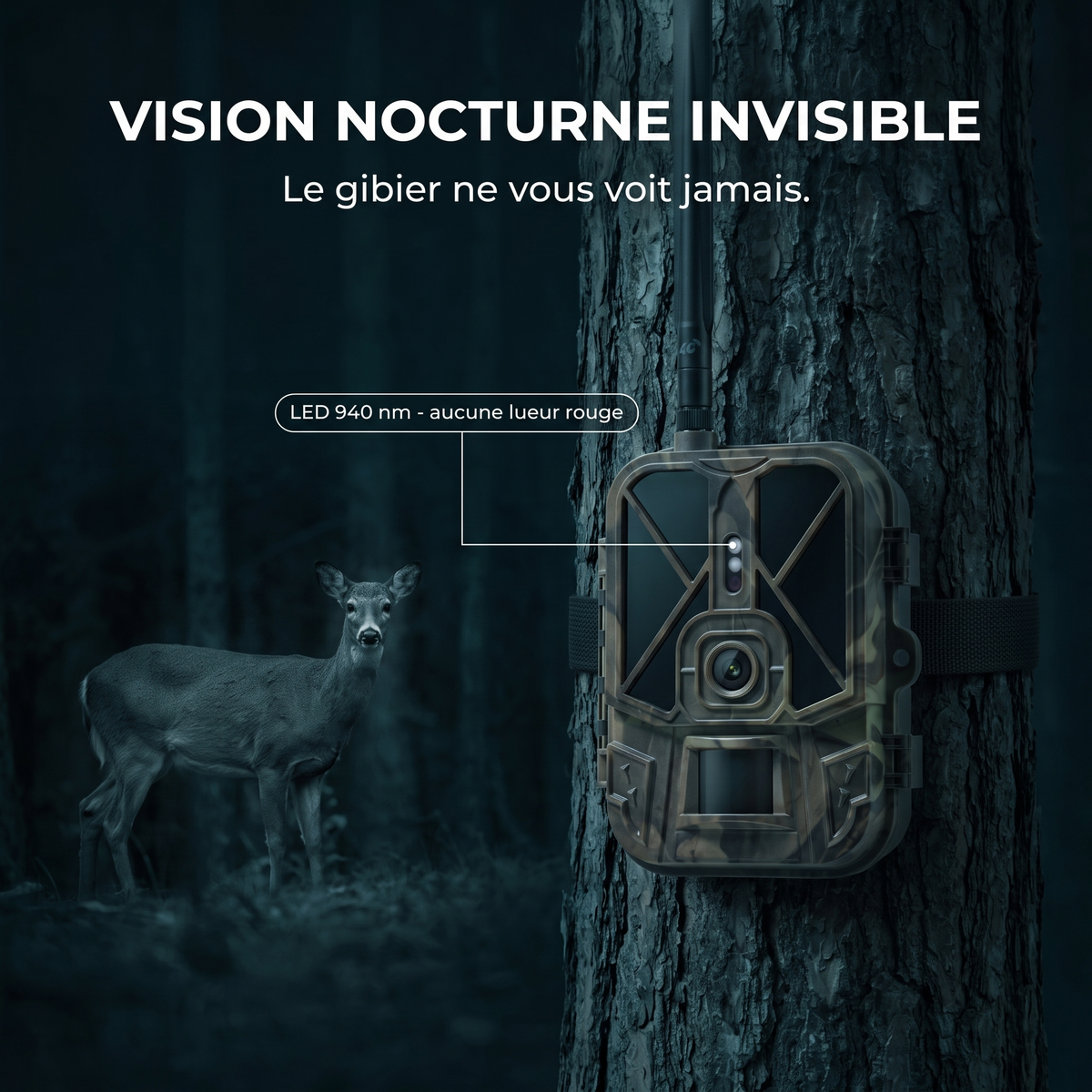Caméra de chasse 4G 4K 50MP — vision nocturne No-Glow 940 nm — Woodcam