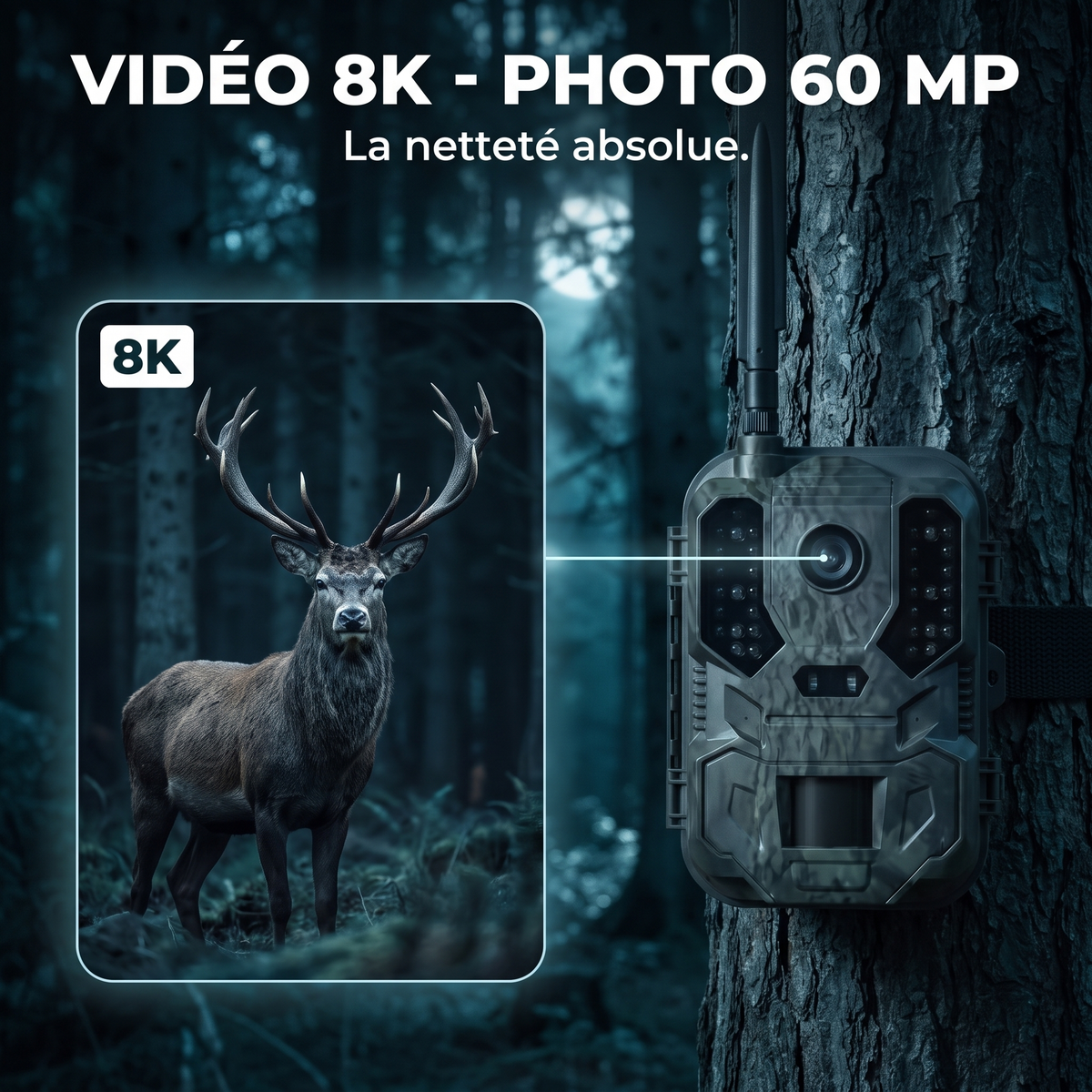 Caméra de chasse 8K Solaire WiFi — vidéo 8K photo 60 MP — Woodcam