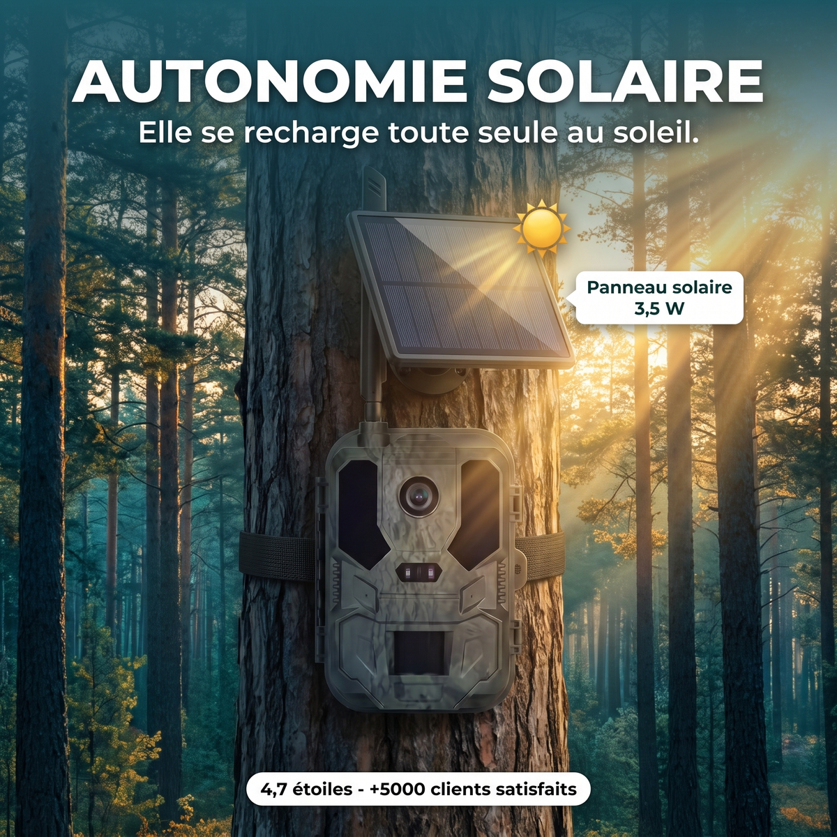 Caméra de chasse 8K Solaire WiFi — autonomie solaire panneau 3,5 W — Woodcam
